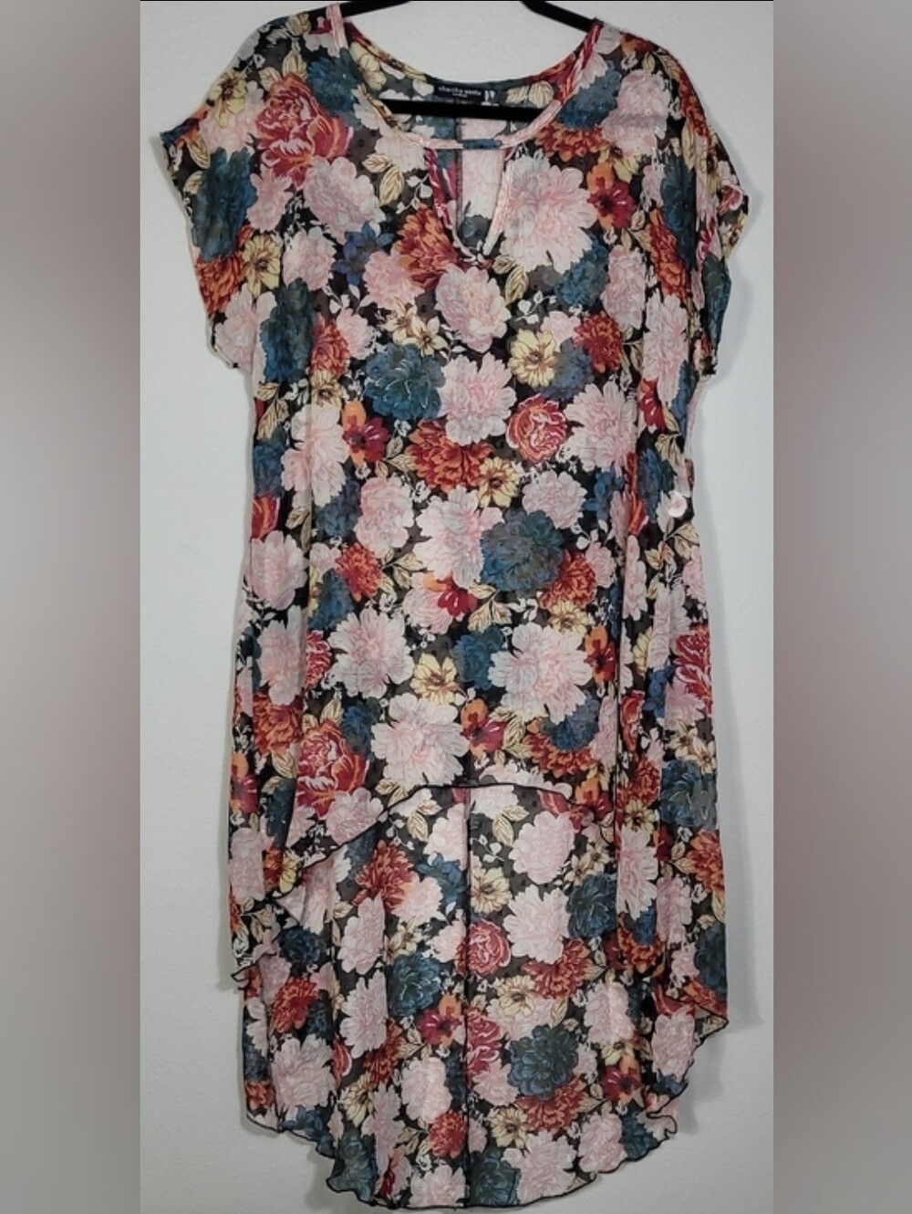 Cha Cha Vente Sheer Floral Chiffon High Low Top Dopamine Flowy Artsy